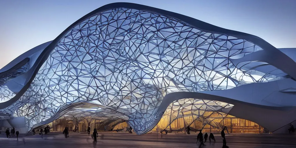 Image similar to extremely detailed ornate stunning beautiful elegant futuristic museum exterior by Zaha Hadid, stunning volumetric light, sunset