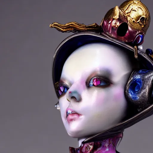 Prompt: by Yoshitaka Amano, by James Jean, by Good Smile Company, detailed resin anime sculpture of a 26yo female jester necromancer wearing a skull hat, close up dslr studio photograph, headshot, portrait, artstation, sci fi futuristic costume, mysterious temple setting, grim lighting