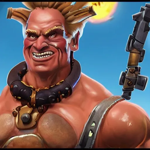 Image similar to a screenshot of junkrat arnold schwarzenegger as junkrat in overwatch