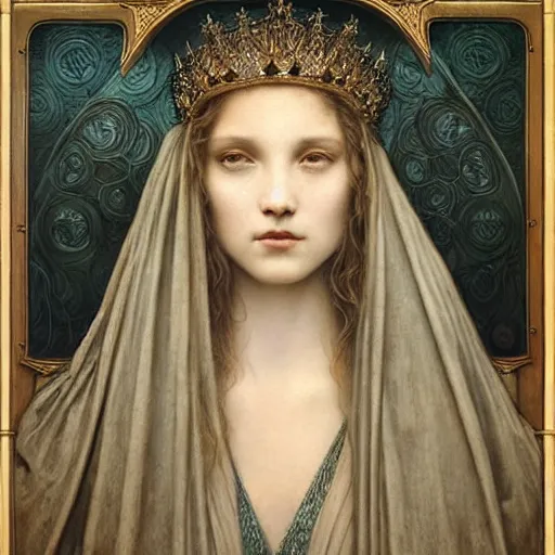 Prompt: detailed realistic beautiful young medieval queen face portrait by jean delville, tom bagshaw, brooke shaden, gustave dore and marco mazzoni, art nouveau, symbolist, visionary, gothic, pre - raphaelite, ornate gilded medieval icon, surreality
