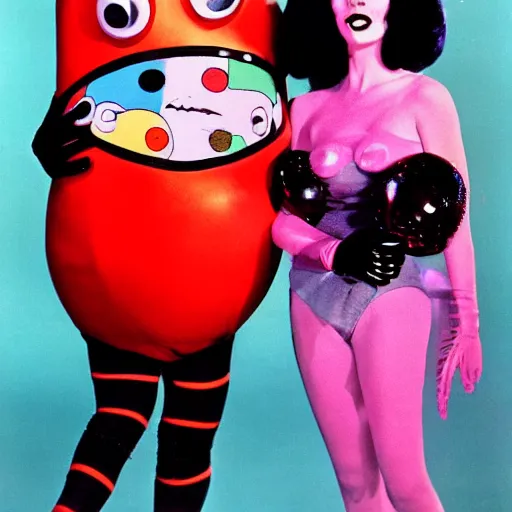 Image similar to 1976 film still glamorous woman photo and her friend, an anthropomorphic stomach, live action children's tv show, 16mm film live technicolor 1976, wacky colorful, in style of john waters doris wishman