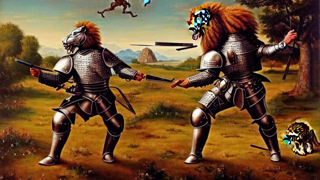 Image similar to fully armored knight wielding an automatic weapon fighting a lion in a medieval setting, painted by bob ross