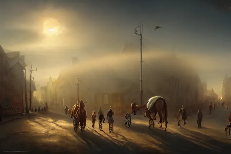 Image similar to a walking town mounted on mechanical legs, hyperrealistic, highly detailed, cinematic, single ray of sun, fog, beautiful, cgssociety, artstation, 8 k, oil painting