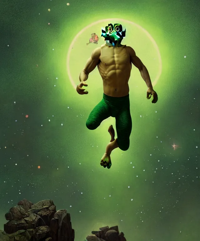 Prompt: a muscular green! pepe frog jumps to the sky to become one with the stars, wearing yellow sweater and black shorts, cosmos, moon, by mucha and caspar david friedrich, atmospheric lighting, intricate detail, cgsociety, hyperrealistic, octane render, rpg portrait, ambient light, dynamic lighting