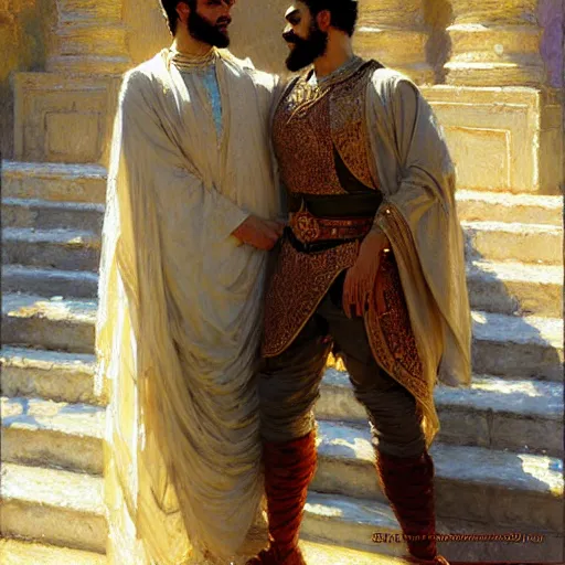 Image similar to attractive arab king confesses his love for his attractive male prince. highly detailed painting by gaston bussiere, craig mullins, j. c. leyendecker