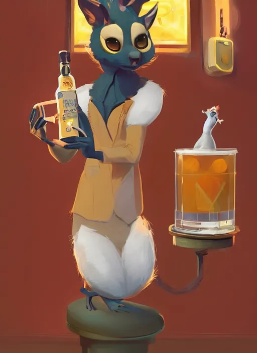 Prompt: squirrel anthro as a dapper bartender with a big fluffy tail, retro futurism, art deco, detailed painterly digital art by Cory Loftis and WLOP, 🐿🍸🍋, furaffinity, trending on artstation