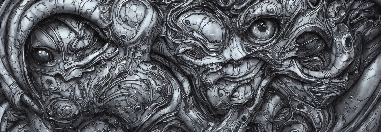 Image similar to engineer alien face by Artgerm, alien, highly detailed, symmetrical long head, smooth marble surfaces, detailed ink illustration, raiden metal gear, cinematic smooth stone, deep aesthetic, concept art, post process, 4k, carved marble texture and silk cloth, latex skin, highly ornate intricate details, moody lighting, hr geiger, hayao miyazaki, by Artgerm