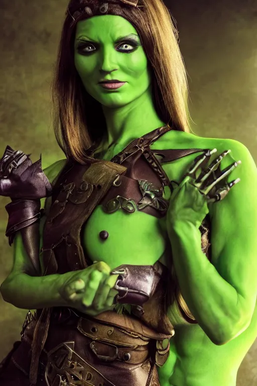 Image similar to a green-skinned female DND verdan, high resolution film still, 8k, HDR colors, cosplay, studio lighting, photo by bruce weber