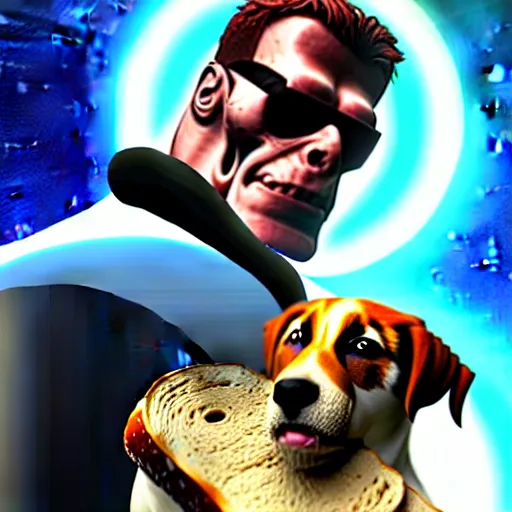 Image similar to t 8 0 0 terminator eating sandwich, hugging a cute puppy while surfing on a saxophone over rings of saturn in space, team fortress 2 sцcreenshot