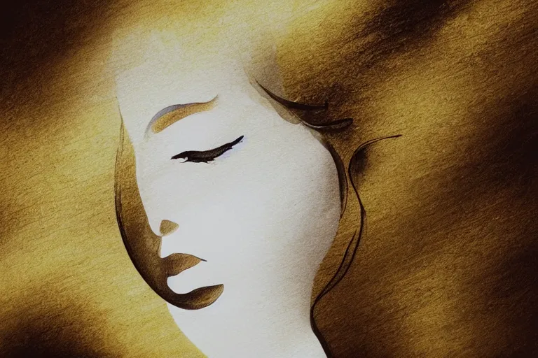 Image similar to beautiful serene swimming person, healing through motion, life, minimalistic golden and ink airbrush painting on white background