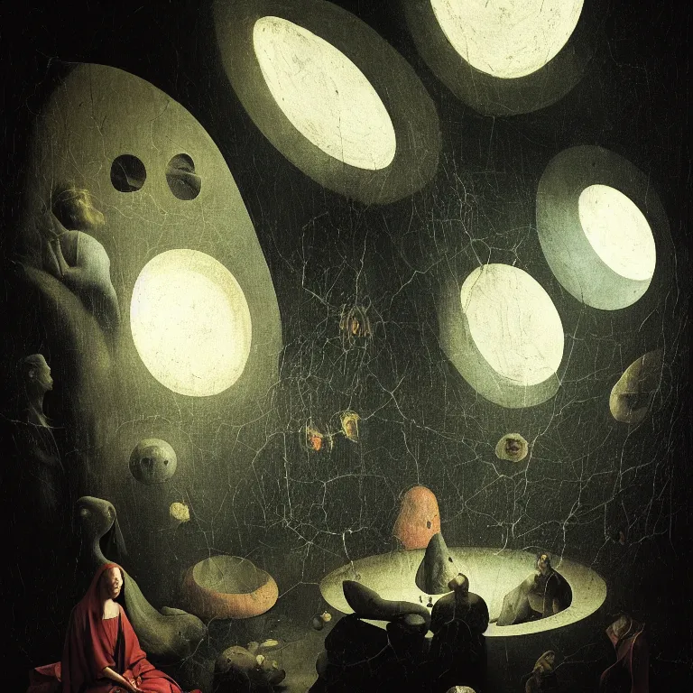 Prompt: interior of surreal oracle by hieronymus bosch, black sun, soft bloom lucid dream - like ethereal dark atmosphere, harsh flash photo, baroque portrait painting, perfect composition, detailed octane render trending on artstation, 8 k artistic photography, volumetric cinematic perfect light, chiaroscuro, masterpiece, raphael, caravaggio, rutkowski, beeple, beksinski