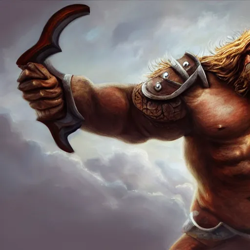 Image similar to Giant minotaur beast warrior with two handed axe, impressive horns, long mane, full body, muscular, dungeons and dragons, hyperrealism, high details, digital painting