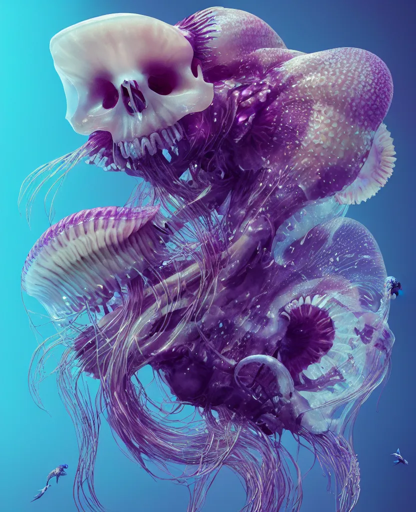 Image similar to goddess close-up portrait animal skull. jellyfish phoenix head, nautilus, orchid, skull, betta fish, bioluminiscent creatures, intricate artwork by Tooth Wu and wlop and beeple. octane render, trending on artstation, greg rutkowski very coherent symmetrical artwork. cinematic, hyper realism, high detail, octane render, 8k