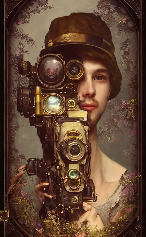 Image similar to hyper realistic male photographer looking through a vintage steampunk medium format camera, design on white background, beautiful details, lush foliage cyberpunk, gold, drawn by john singer sargent, tom bagshaw, norman rockwell, alphonso mucha, lolish, trending on artstation