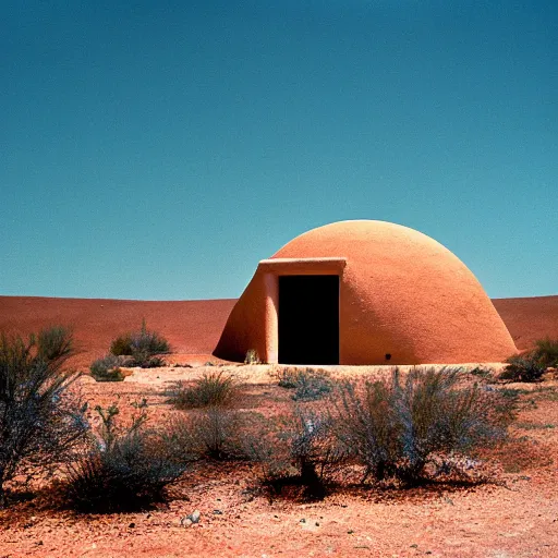 Image similar to a man sitting outside a Non-Euclidean orb-like clay house sitting in the desert, vintage photo, beautiful cinematography, blue sky, film grain, extreme wide shot, far away, James Turrell