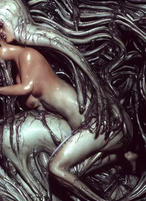 Image similar to film still of kim kardashian being licked by an xenomorph slathered in a transparent alien liquid, wet flowing hair, gooey skin, illustration, unreal engine 5, 8 k, directed by h. r. giger.