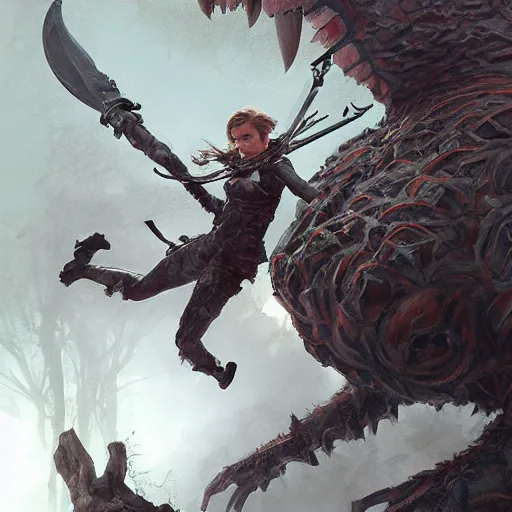 Image similar to portait of a heavily armoured emma watson swinging her long sword forest monster, front game card, drark, marvel comics, dark, intricate, highly detailed, smooth, artstation, digital illustration by ruan jia and mandy jurgens and artgerm and wayne barlowe and greg rutkowski and zdislav beksinski