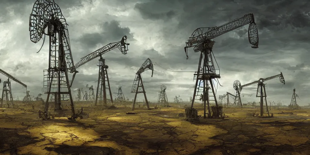 Prompt: hyper detailed digital matte painting of numerous futuristic oil pump jacks, sprawling across empty and parched landscape, by francisco goya, chernobyl style industrial green matte, hypermaximalist, behance hd, a masterpiece, artstation, nightcafe, unsettling, mysterious, odd, by stephan martiniere and alexander fedosav