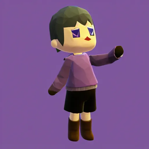 Prompt: low poly human animal crossing character with brown hair brown eyes and a sky blue hoodie and gray pants, 3 d render on purple gradient background