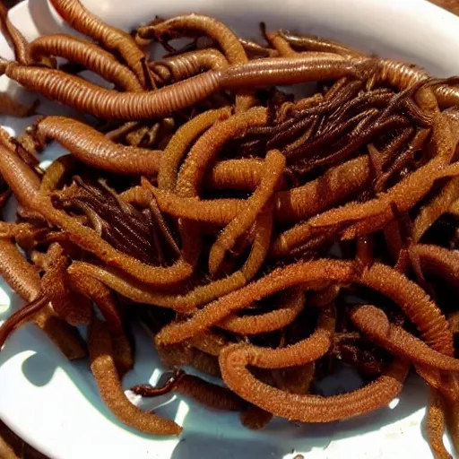 Prompt: fried earthworms