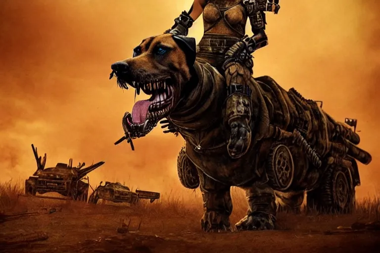 Image similar to a hound dog fursona ( from the furry fandom ), heavily armed and armored facing down armageddon in a dark and gritty version from the makers of mad max : fury road. witness me.