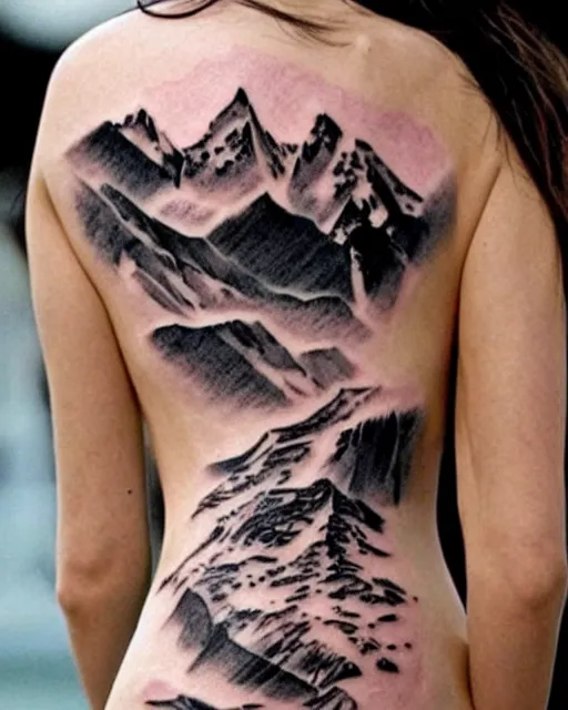 Image similar to creative double exposure effect tattoo design sketch of megan fox and beautiful mountains, realism tattoo, in the style of matteo pasqualin, amazing detail, sharp