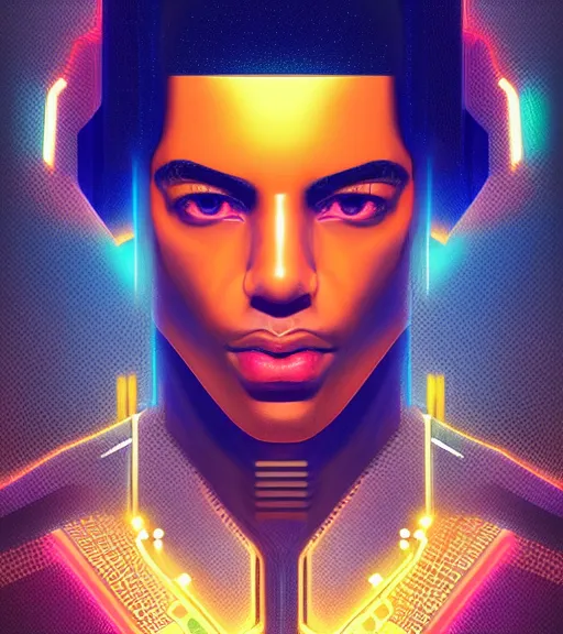 Image similar to symmetry!! egyptian prince of technology, solid cube of light, hard edges, product render retro - futuristic poster scifi, lasers and neon circuits, brown skin man egyptian prince, intricate, elegant, highly detailed, digital painting, artstation, concept art, smooth, sharp focus, illustration, dreamlike, art by artgerm