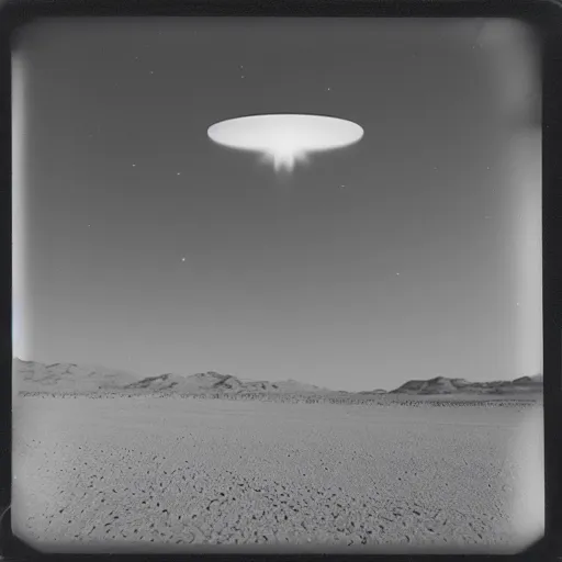 Image similar to a ufo flying over a the desert at night, distant!!, historical photo, old polaroid, expired film,