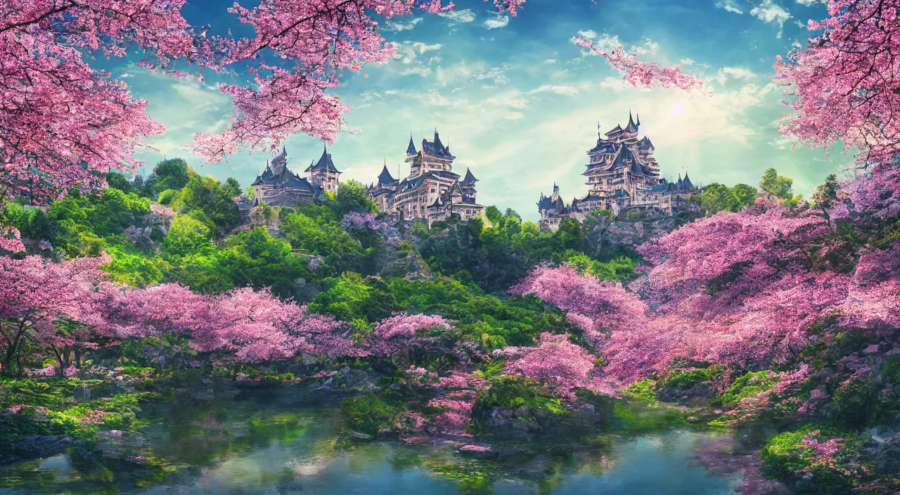 Image similar to landscape with a big castle surrounded by cherry blossom, hyper - detailed, god rays, light, trees, river, trending on artsation