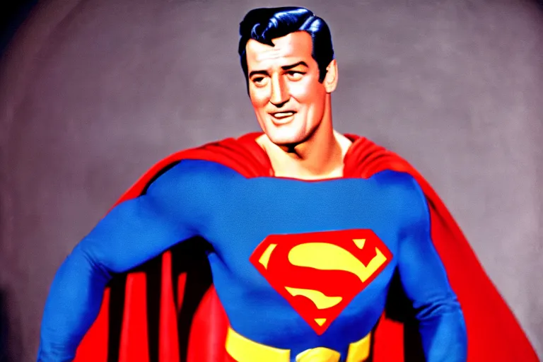 Image similar to rock hudson playing superman in, superhero, dynamic, 3 5 mm lens, heroic, studio lighting, in colour