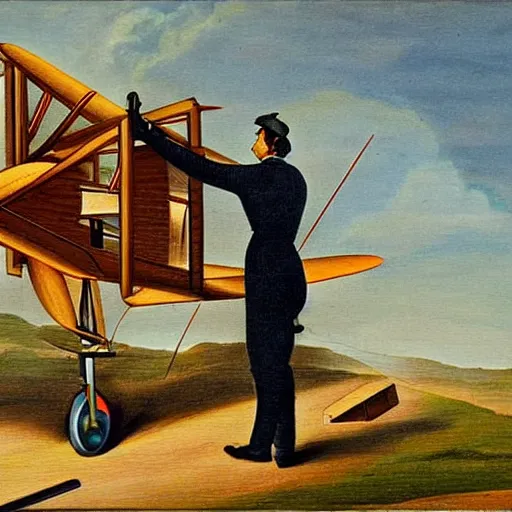 Image similar to a beautiful complex painting of a male engineer building a plane in the style of the paintings in 1 8 0 0 s