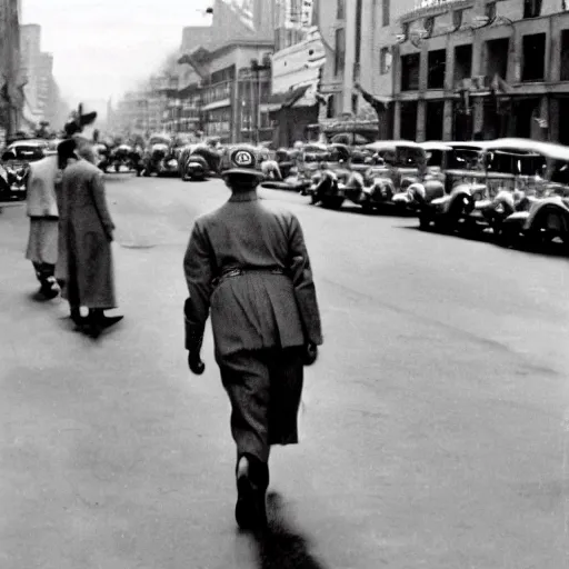 Prompt: 1940s photo of drake walking 5th Avenue in a dress