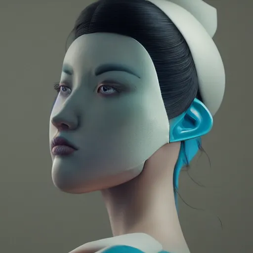 Prompt: an eerie but beautiful and feminine looking android, white mask and blue eyes, japanese geisha style, by Ash Thorp, 8k, octane render, highly detailed, moody, atmospheric