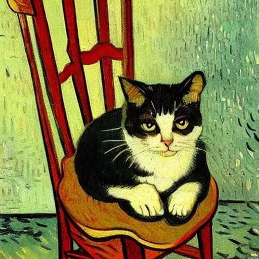 Prompt: painting of a cat on a chair, by Van Gogh