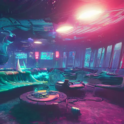 Prompt: underwater cyberpunk night club with large alien fish swimming behind the windows in the background, high detail