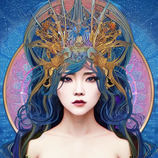 Prompt: asian, queen of monsters, symmetrical face, symmetrical body, artgerm, flowing hair, portrait, muted colors, artstation, character concept art, border and embellishments inspiried by alphonse mucha, fractals in the background, galaxy