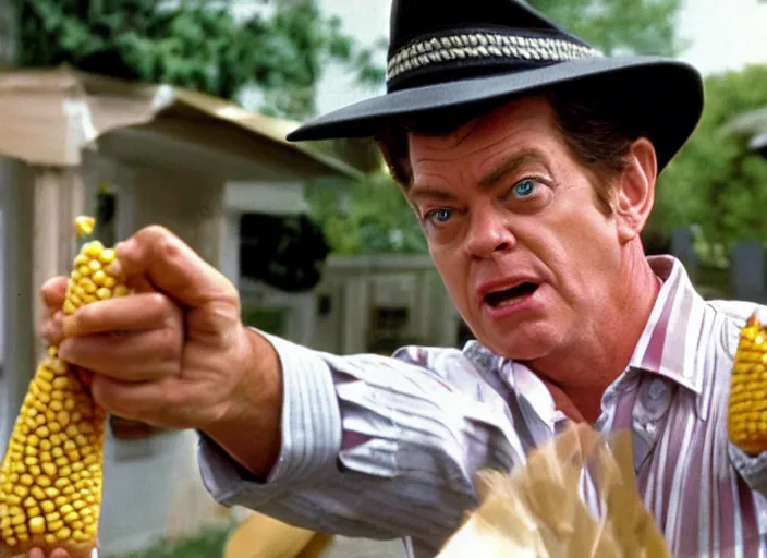 Image similar to shooter mcgavin, movie still, selling street corn, 8 k, realistic