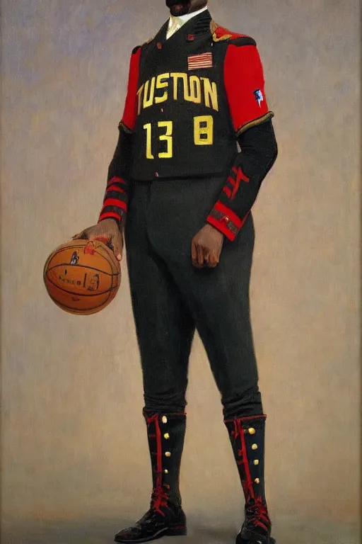 Image similar to full body portrait of the dictator of the houston rockets, 1 8 8 9, in full military garb, oil on canvas by william sidney mount, trending on artstation