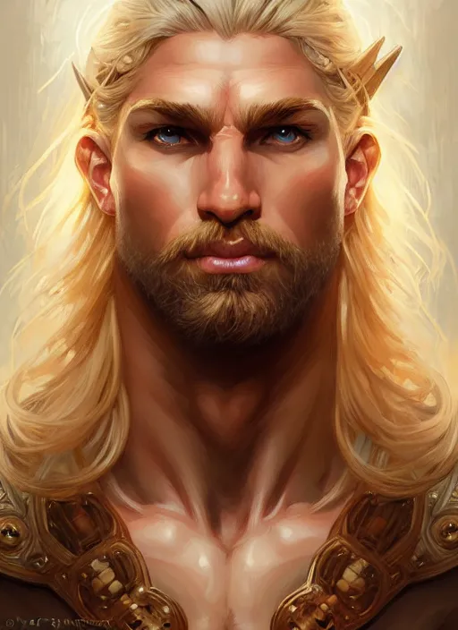 Image similar to symmetry! portrait of barbarian, blond hair, d & d, muscular!! fantasy, intricate, elegant, highly detailed, digital painting, artstation, concept art, smooth, sharp focus, illustration, art by artgerm and greg rutkowski and alphonse mucha