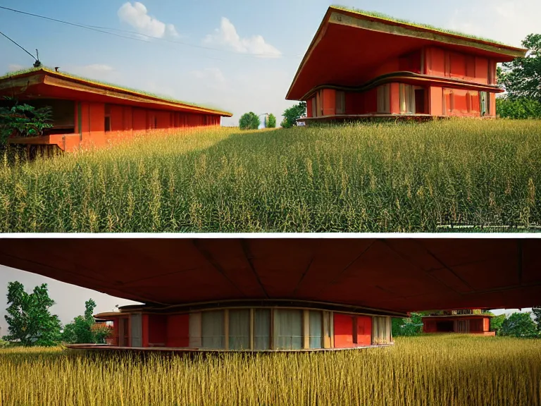 Image similar to hyperrealism colour design by frank lloyd wright and kenzo tange and hayao miyazaki photography from 5 point of perspective of beautiful detailed small solarpunk house with many details in small detailed ukrainian village designed by taras shevchenko and wes anderson and caravaggio, wheat field behind the house, around the forest volumetric natural light