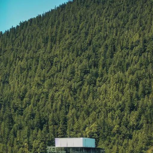 Image similar to sci fi nuclear containment buildings in a steep sided valley with trees and small office buildings, a sense of hope and optimism, birds overhead, stark light, day time, unsplash, national geographic, hd, high res