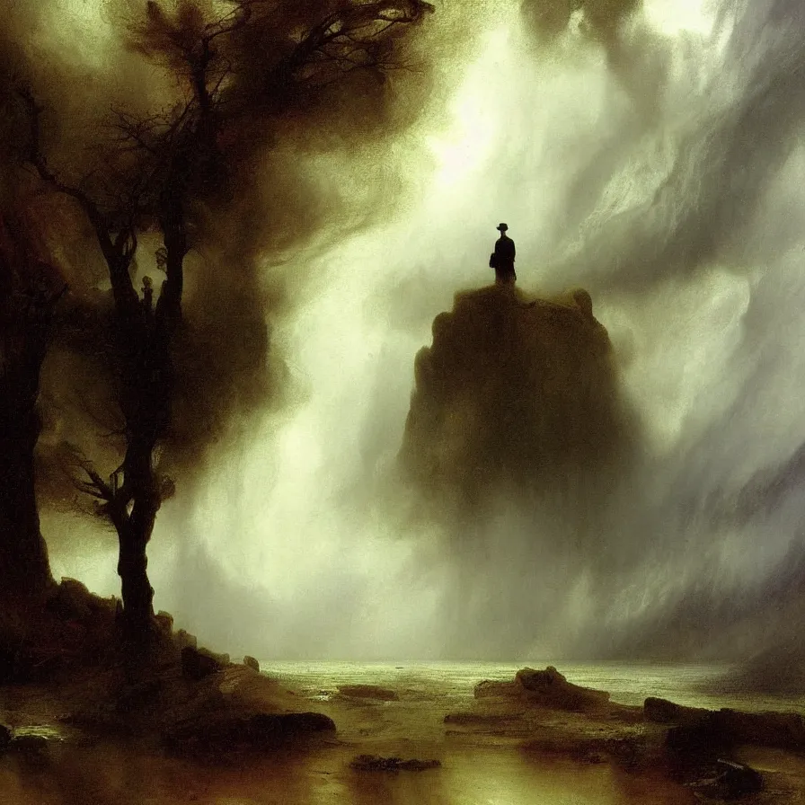Image similar to metaphysical artwork about a lonely man during a rainstorm, rainy day, painted by thomas moran and albert bierstadt. monochrome color scheme.