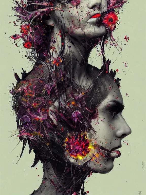 Image similar to art portrait of vampire with flower exploding out of head,by tristan eaton,Stanley Artgermm,Tom Bagshaw,Greg Rutkowski,Carne Griffiths,trending on DeviantArt,face enhance,chillwave,minimalist,cybernetic, android, blade runner,full of colour,