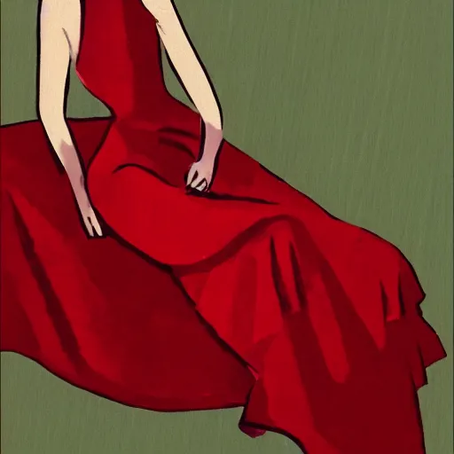 Image similar to an illustration of a french fashion model posing in a red dress inspired by coby whitmore