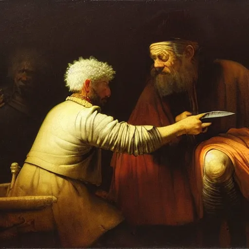 Prompt: gray-haired Abraham brings a knife to a teenage boy lying on an altar by Rembrandt, elegant, highly detailed, anthro