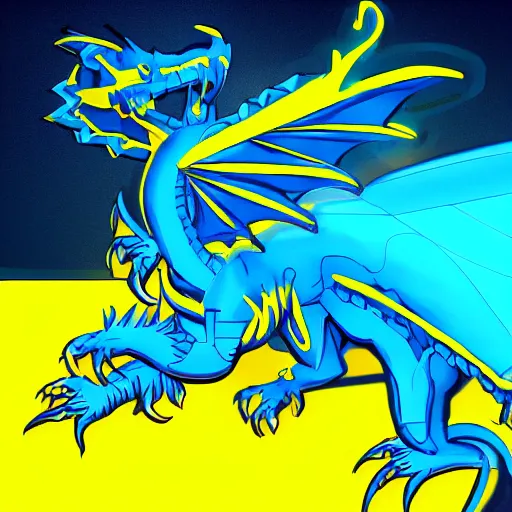 Image similar to illustration neon blue and yellow super cool dragon. trending on art station