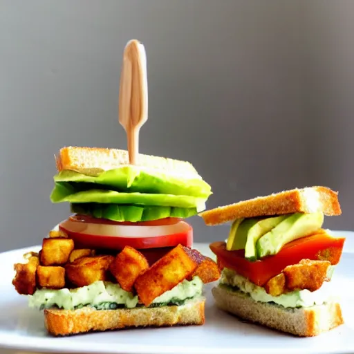 Prompt: sandwich with fried tofu, one red tomato slice, mayo, onion, avocado, melted cheddar, in a red dish, background saturn and stars in the sky