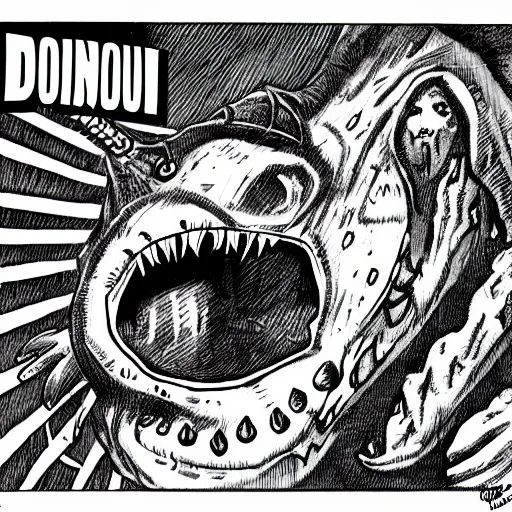 Image similar to a Pop Wonder scary horror themed goofy-hilarious-character-dinosaur-demon, dime-store-comic drawn with charcoal and pen and ink, half-tone-line-stacking