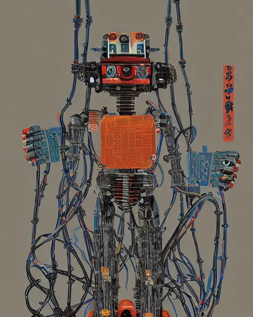 Prompt: Kuniyoshi portrait of a robot saint made of cables and robotic pod by james gilleard