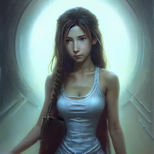 Image similar to Beautiful stunning portrait of Aerith Gainsborough by Greg Rutkowski. Aerith is hiding from a Shinra robot in the Reactor Core by Mark Arian. The Reactor Core is dark and stark and industrial by H.R. Giger. soft render, octane, intricate painting by Moebius. artstation Blank Canvas Scene by Tetsuya Nomura.